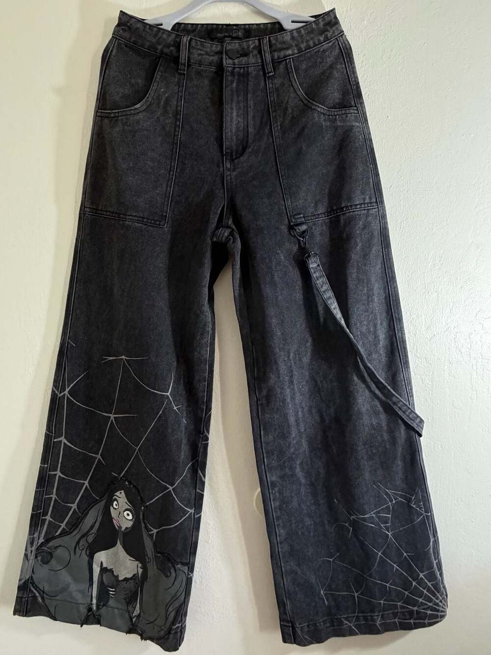Dolls Kill x Corpse Bride Wide Leg Jeans with Spiderweb Graphic and Detachable C